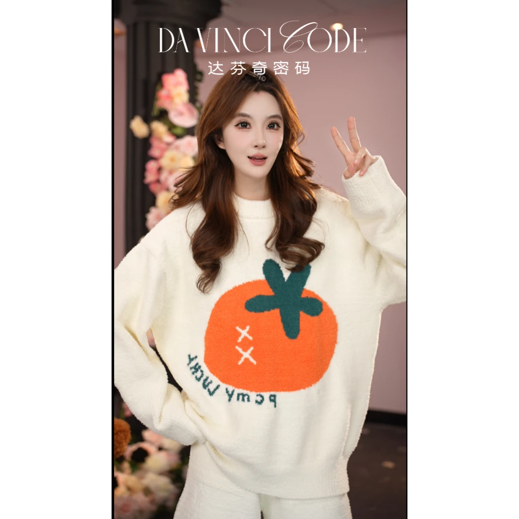 达芬奇密码柿柿高颜值可外穿半边绒睡衣女秋冬加厚加绒家居服女