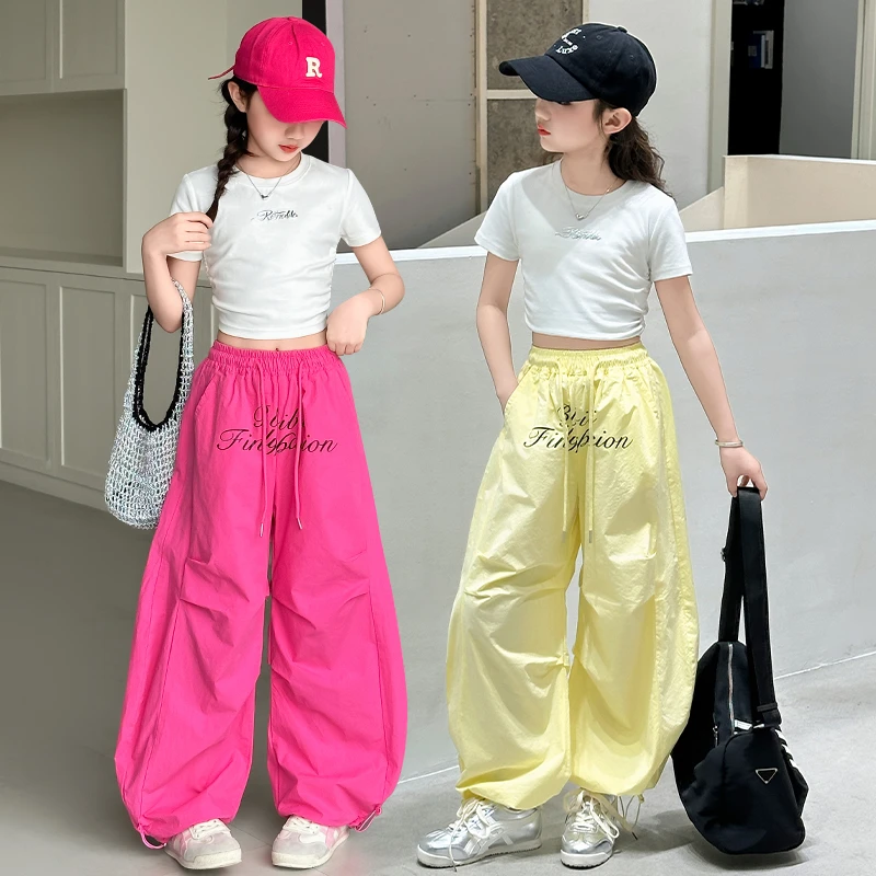 女童洋气休闲夏季套装2025款女孩夏装针织短袖字母阔腿裤宽松套装