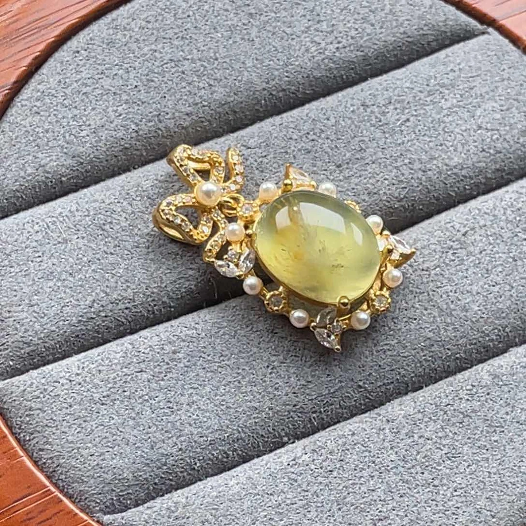 银S925镀金镶嵌蛇纹石玉颈饰