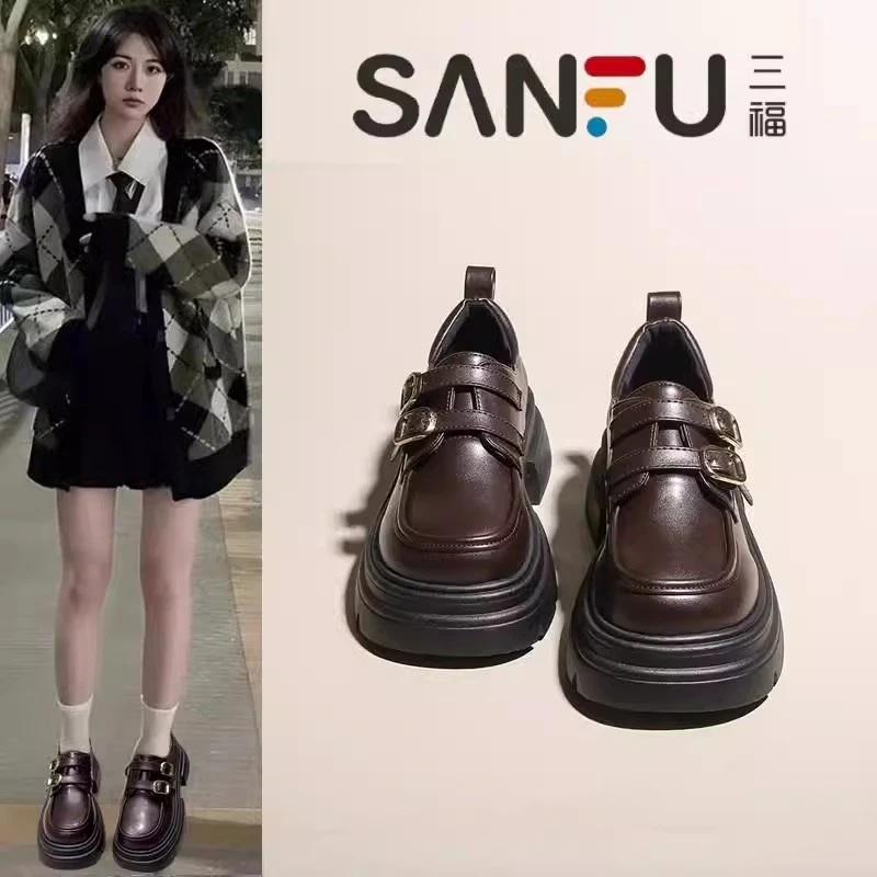 三福小皮鞋女2025秋季新款百搭jk制服鞋子厚底单鞋增高真皮乐福鞋