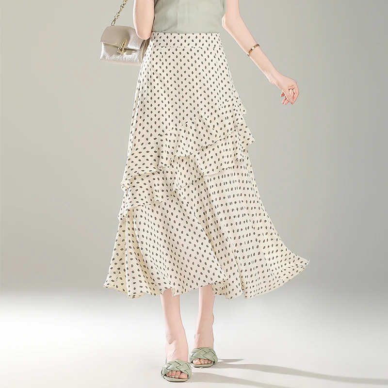 法式碎花裙天丝雪纺大摆裙不规则高腰A字裙夏季薄款显瘦垂感半裙