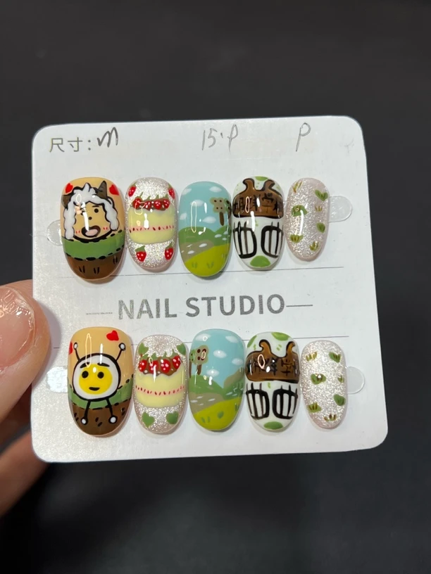 美羊羊手绘美甲纯手工穿戴甲短甲1422