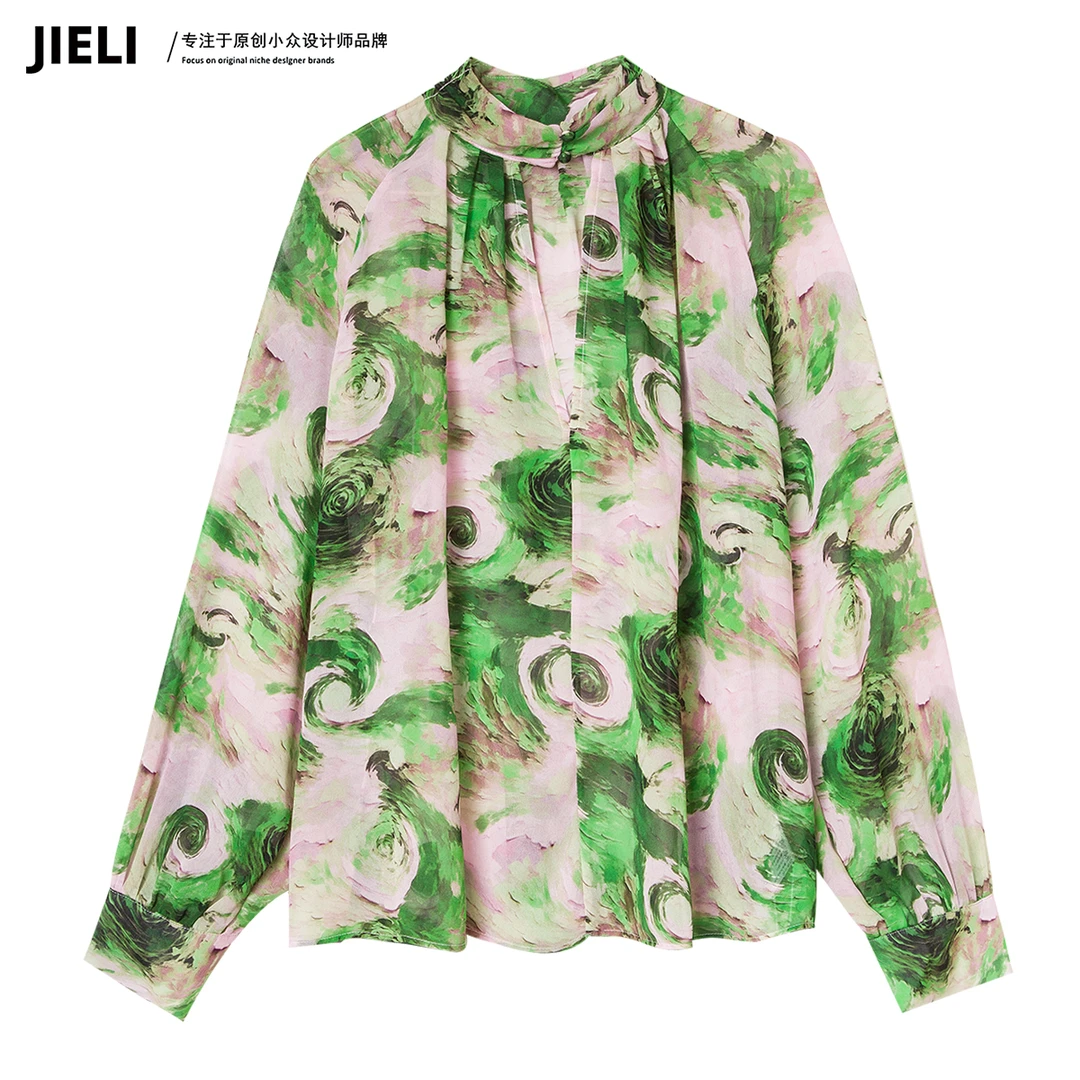 JIE LI/街力宠粉款设计师高级感简约重工重潮宽松绿色衬衫女W630