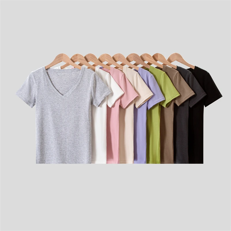夏季小清新V领纯色短T透气轻薄舒适弹力显身材T恤