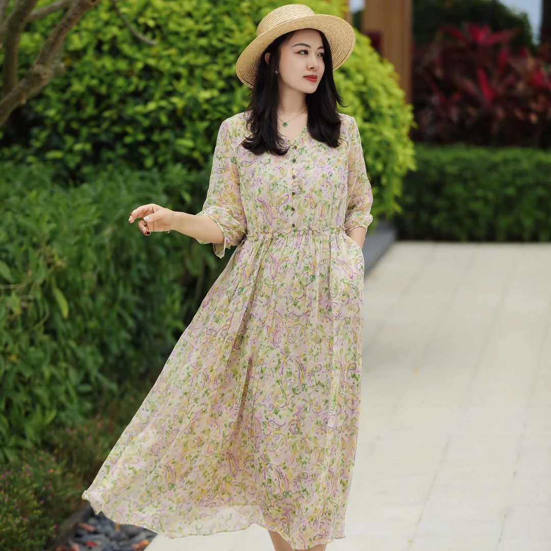 鸟语花香#高定双层桑蚕丝连衣裙#1709#HX120