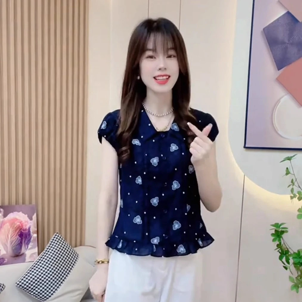 时尚休闲短袖衬衫2025夏小个子洋气减龄收腰显瘦花边印花翻领衬衫