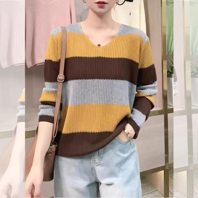 气质时尚减龄V领条纹针织长袖女2025年秋冬季宽松显瘦大码上衣