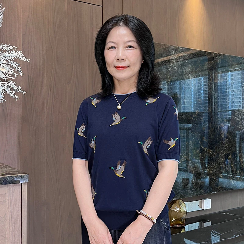 夏季高端短袖天丝桑蚕丝圆领提花洋气气质妈妈短袖F-1396