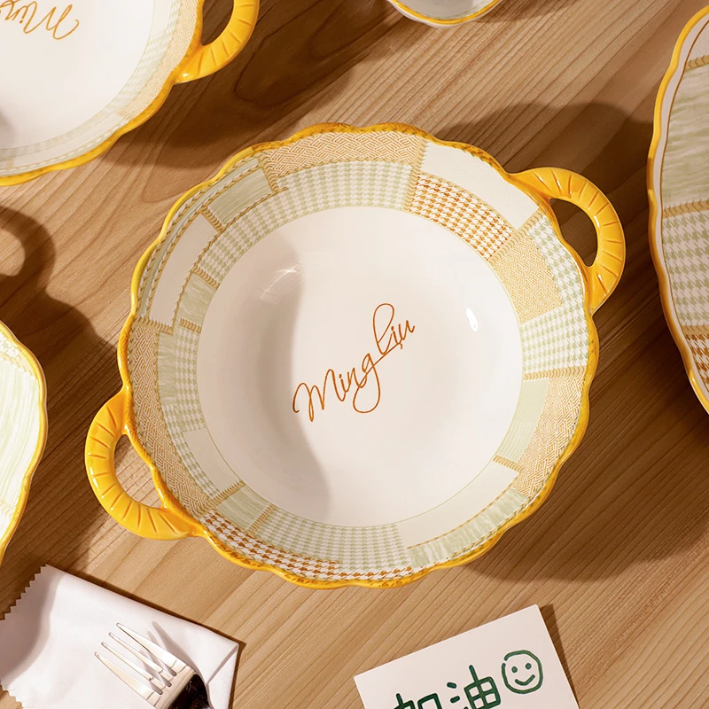 轻奢风千鸟格9.5英寸双耳汤碗、盛汤网红泡面碗、泡螺丝粉专用餐具