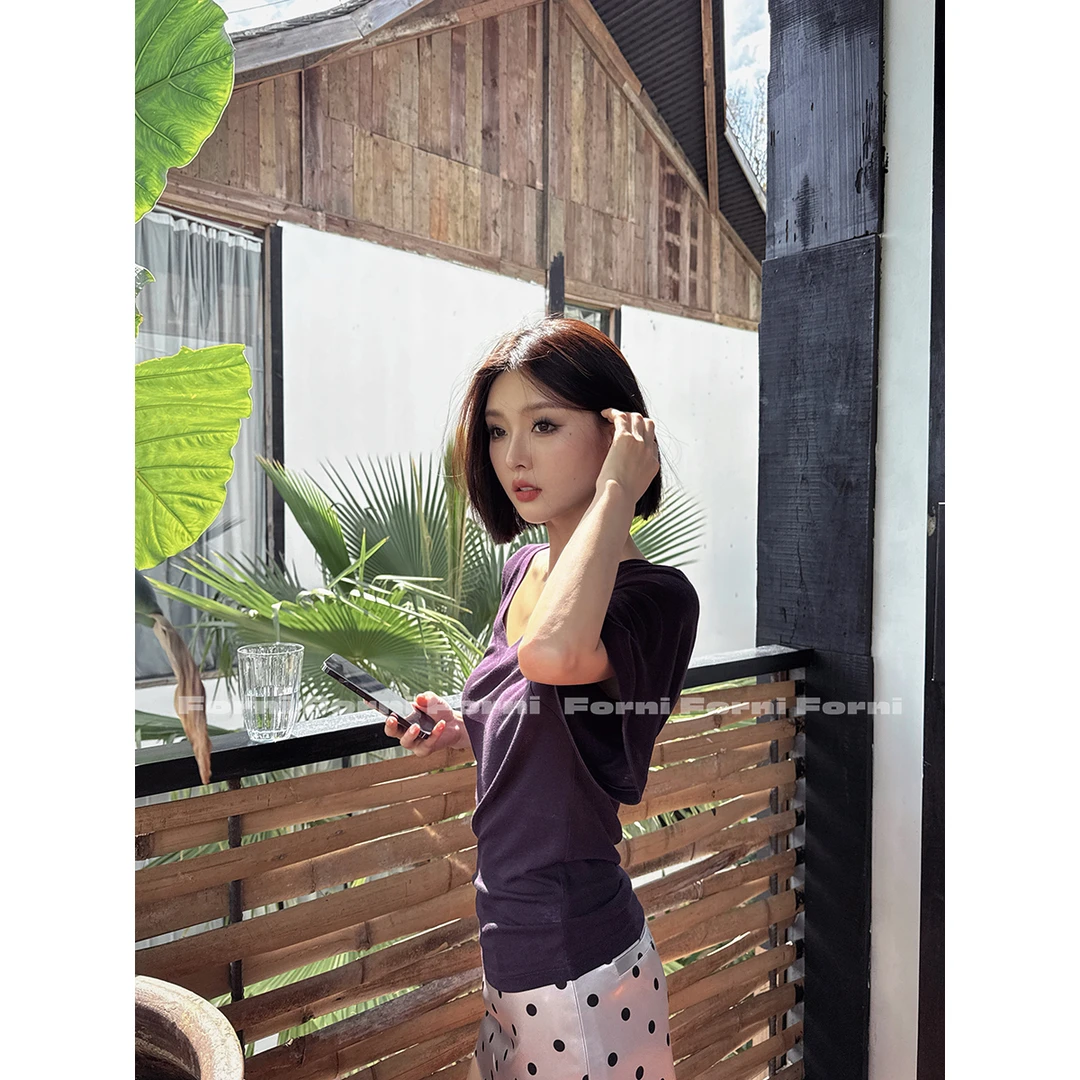 FORNI 黑绷带tee 冰肌面膜Tee裸感天丝羊毛弹力收腰V领短袖T恤