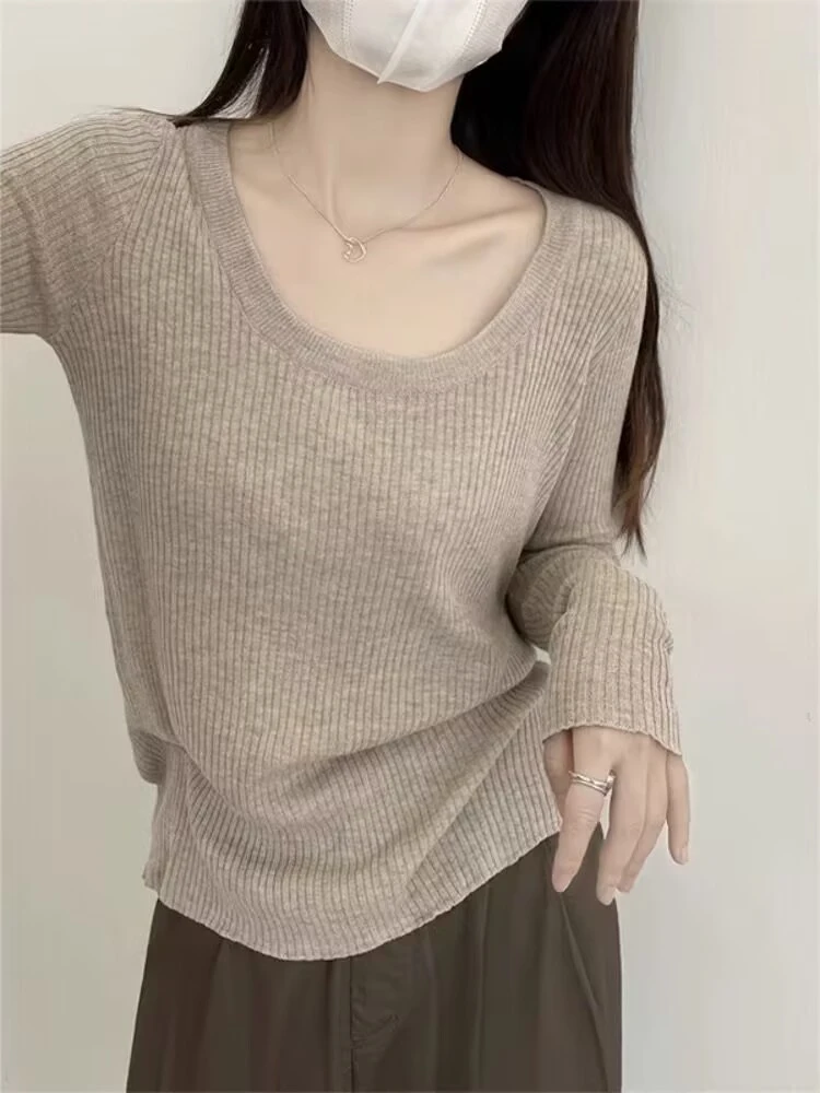 花倾慕软糯韩系百搭款圆领针织打底衫女内搭毛衣坑条显瘦上衣5501