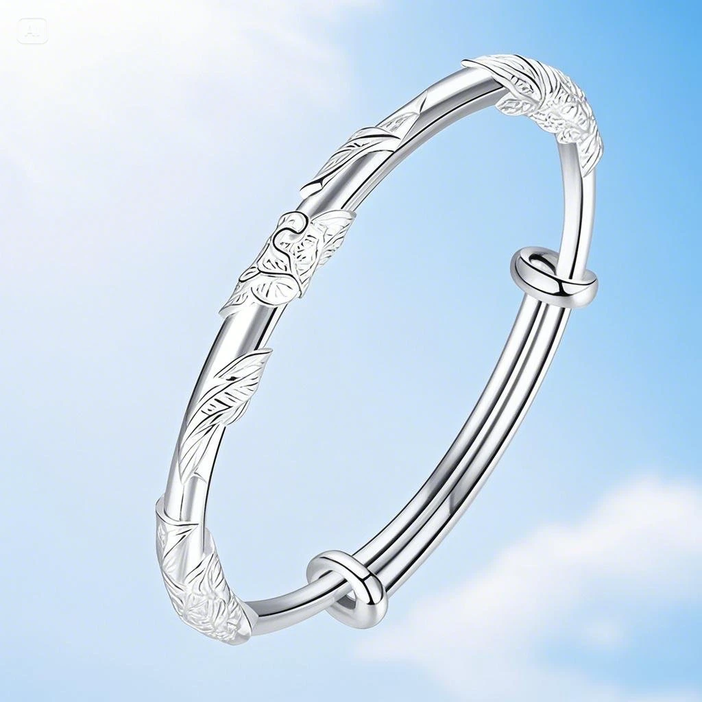 足银手镯 足银手镯 04号 繁花似锦推拉实心足银手镯