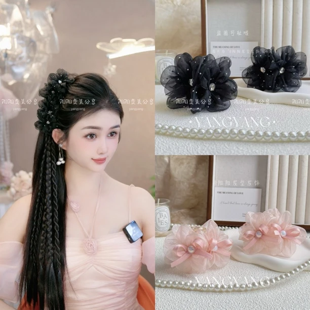 2025款轻奢气质高级感网纱花朵新款蝴蝶结碎发夹发饰泡泡纱抓夹