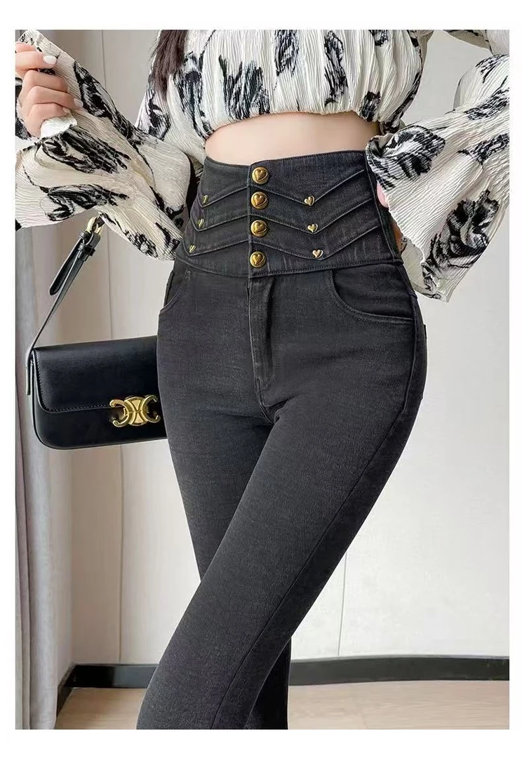 2182薄款紧身型高腰外穿牛仔裤黑色百搭紧身裤子