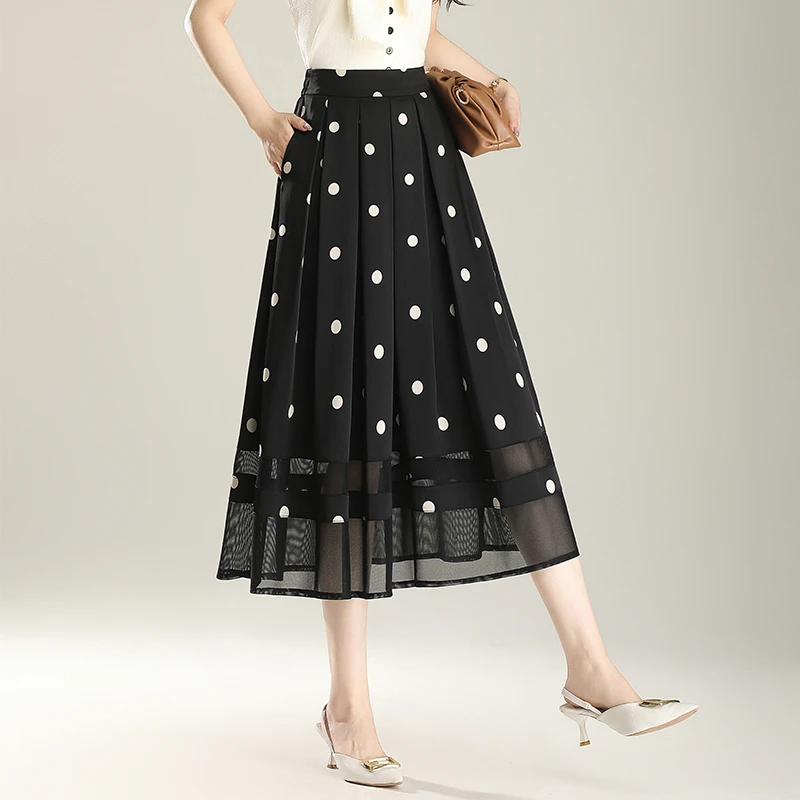 黑色波点百褶裙半身裙2025夏季新款百搭高腰气质中长款网纱a字裙