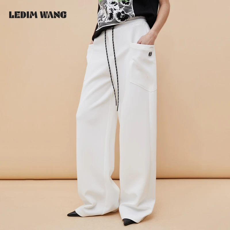 1LEDIM WANG缎面松紧直筒长裤女白色拖地垂感宽松百搭阔腿休闲裤