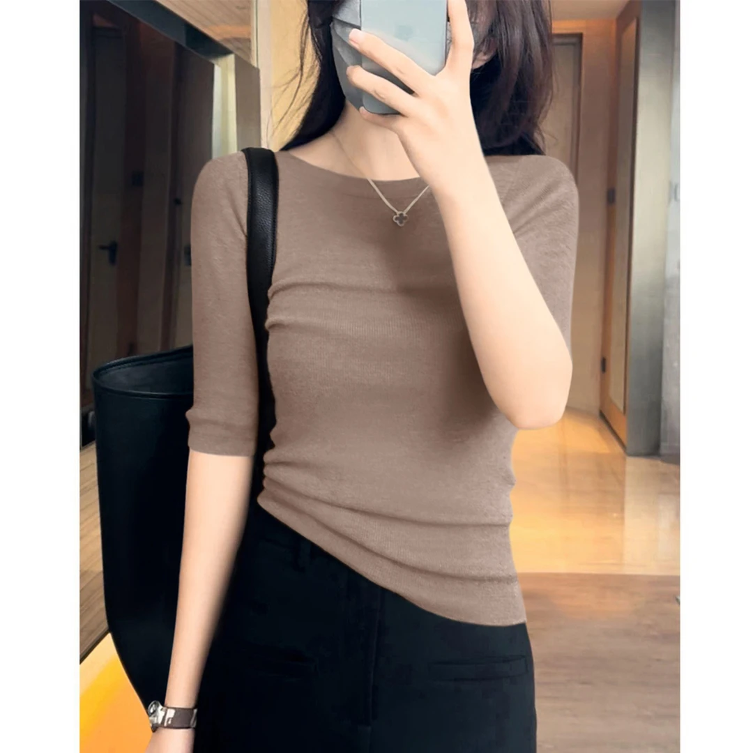 新款早秋季套头中袖打底上衣时尚高级感一字领百搭修身针织衫女装