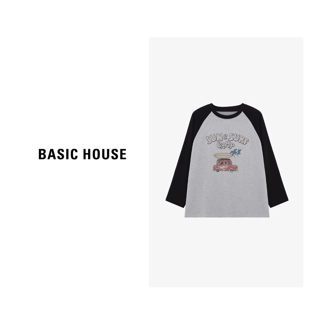 Basic House/百家好长袖针织假两件印花圆领拼接卫衣-B0625H5B522