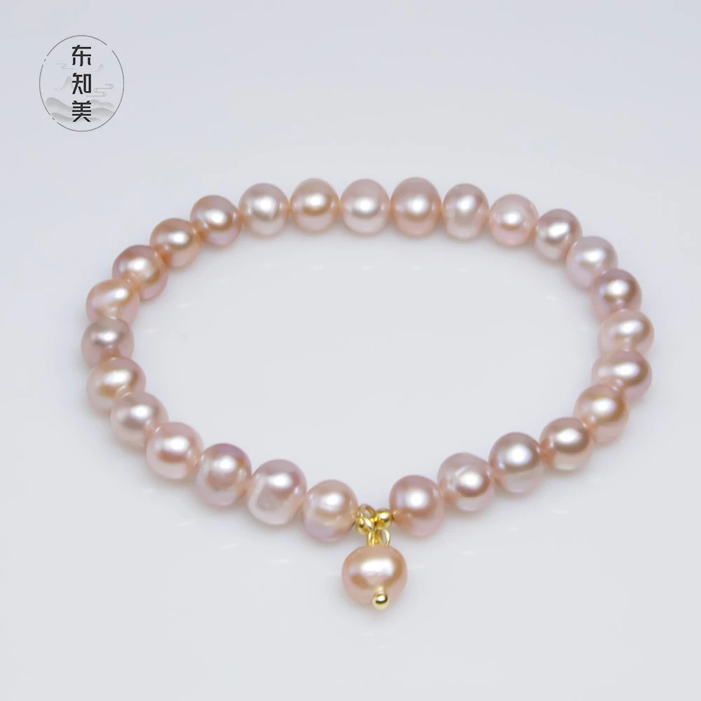 【海棠紫】5-6mm天然淡水珍珠粉紫色全珠弹力绳手串0711