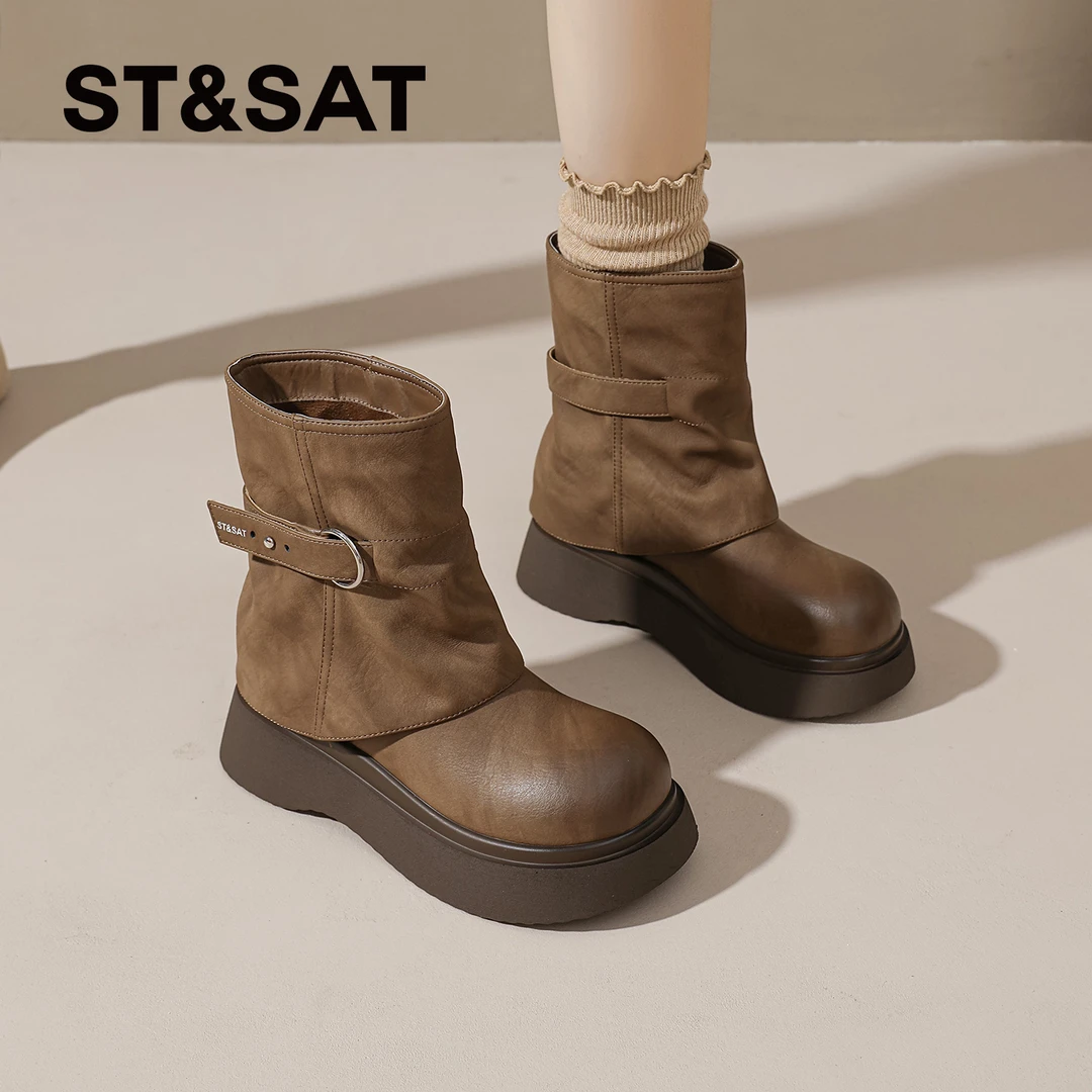 星期六增高女圆头套筒短靴2025秋季中筒女靴胶粘复古港风防滑短靴