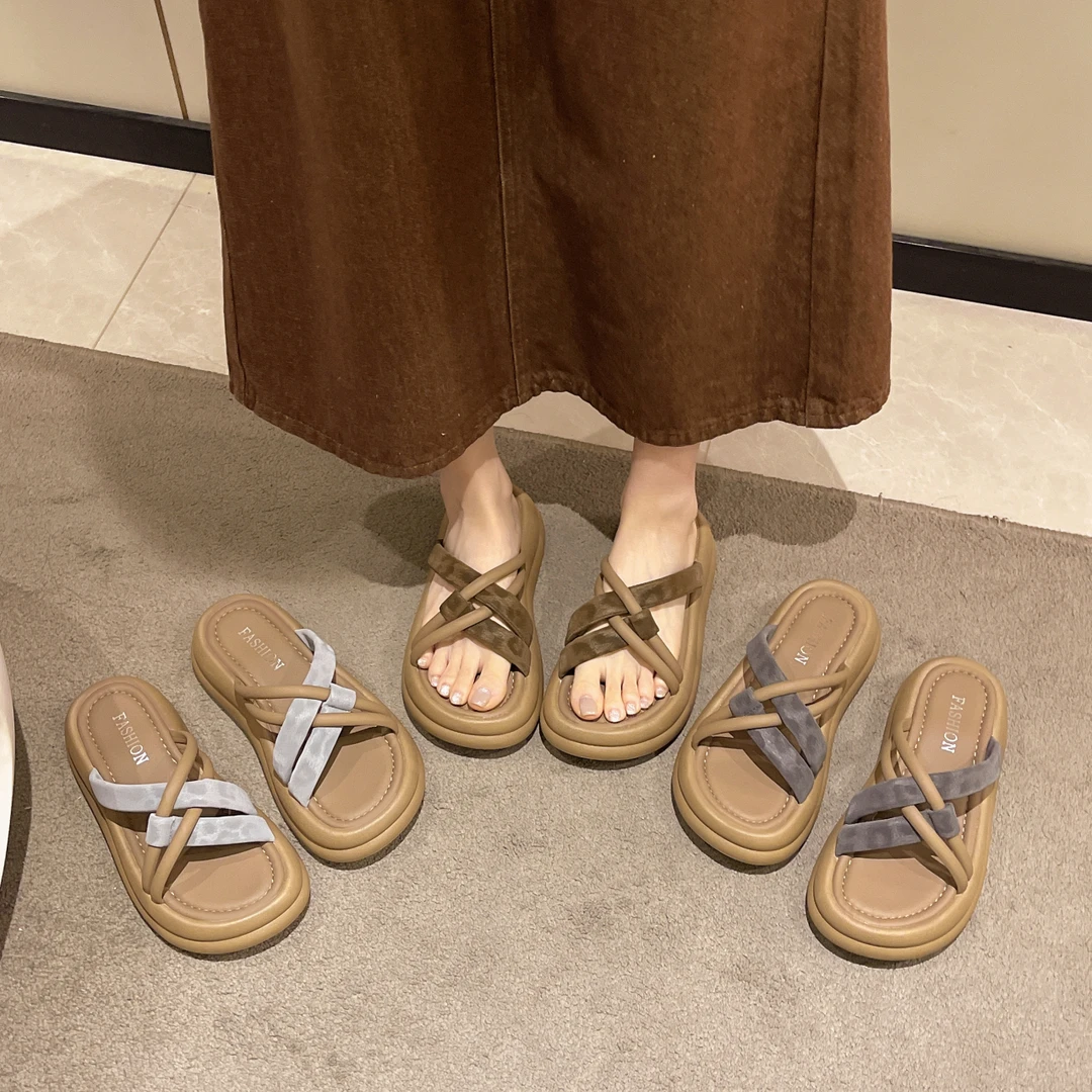 2025春夏新款女鞋拖鞋豹纹平底增高时尚法式网红休闲防滑凉拖