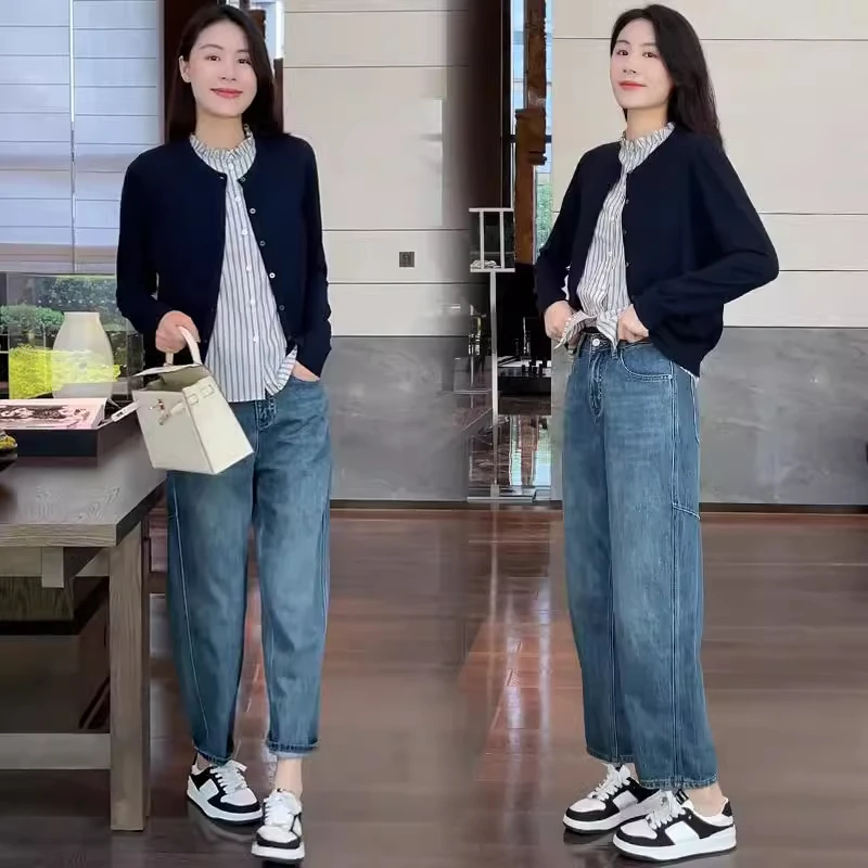 时尚套装女2025春季新款韩版简约针织开衫条纹背心显瘦休闲两件套