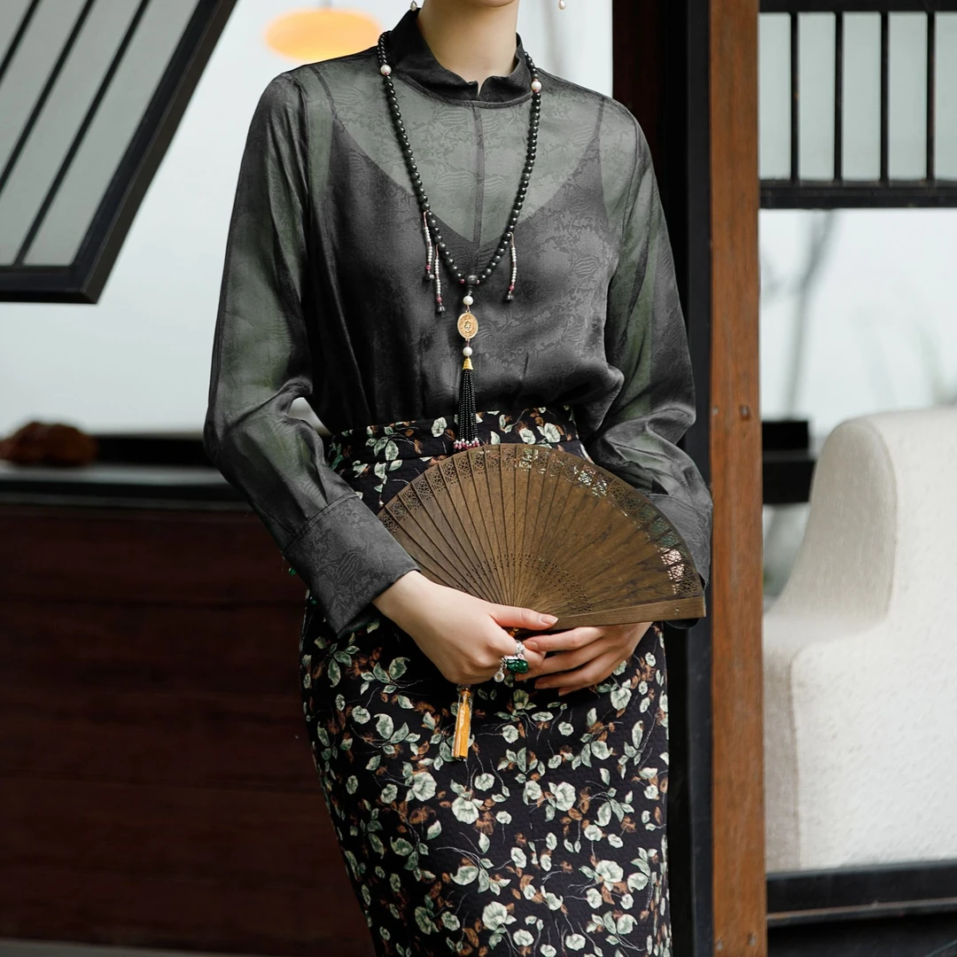 FYB99新中式国风时尚文艺气质黑色潮流复古长袖衬衫女S