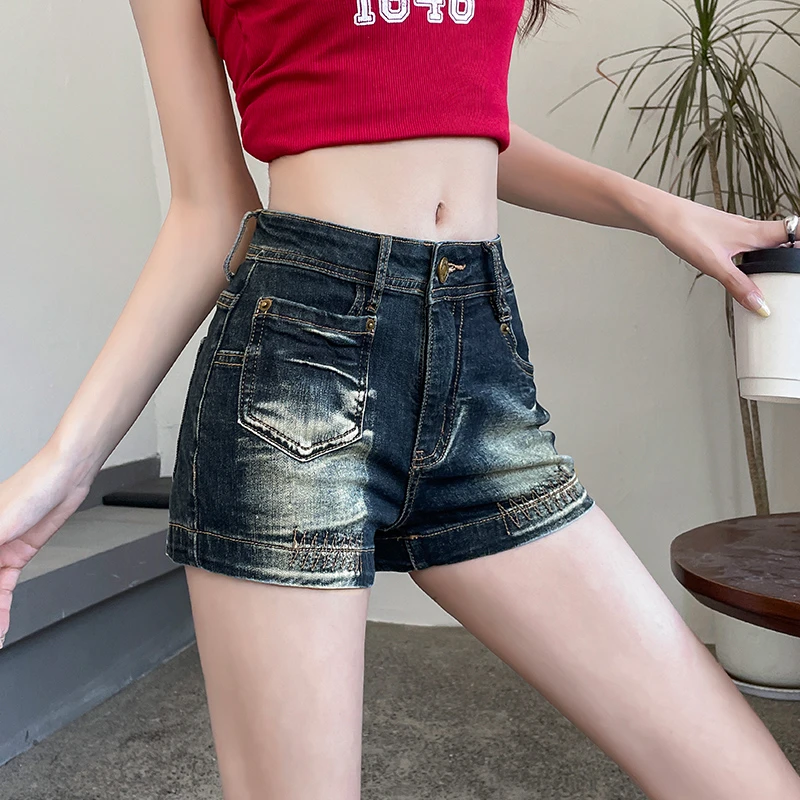 美式超短低腰牛仔短裤女2025夏薄弹力修身性感丰胯包臀辣妹热裤子