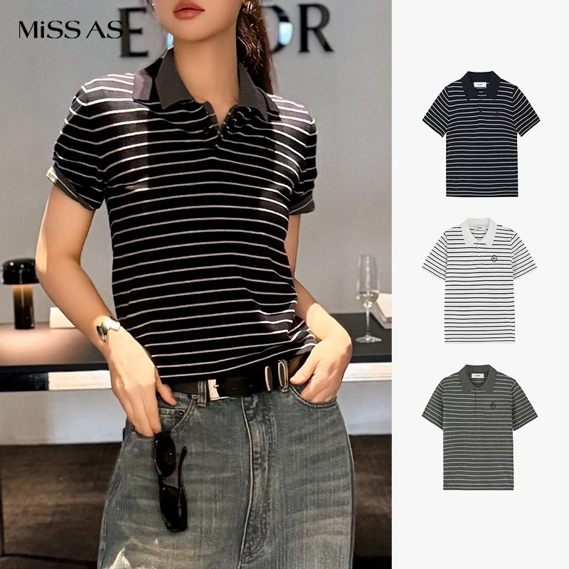 【ETHOR】灰白色条纹翻领小版针织短袖T恤上衣春夏新款MISSAS买手店