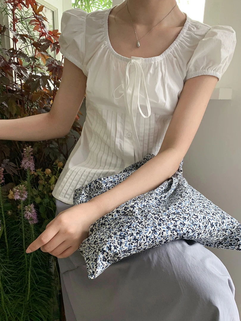 白色泡泡袖衬衫女夏季2025新款短袖衬衣宽松显瘦系带上衣小个子夏
