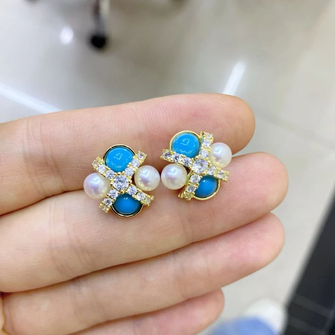 LH048【蒂芙蓝双色珍珠耳饰】气质蓝色轻奢时尚百搭复古彩色镶嵌