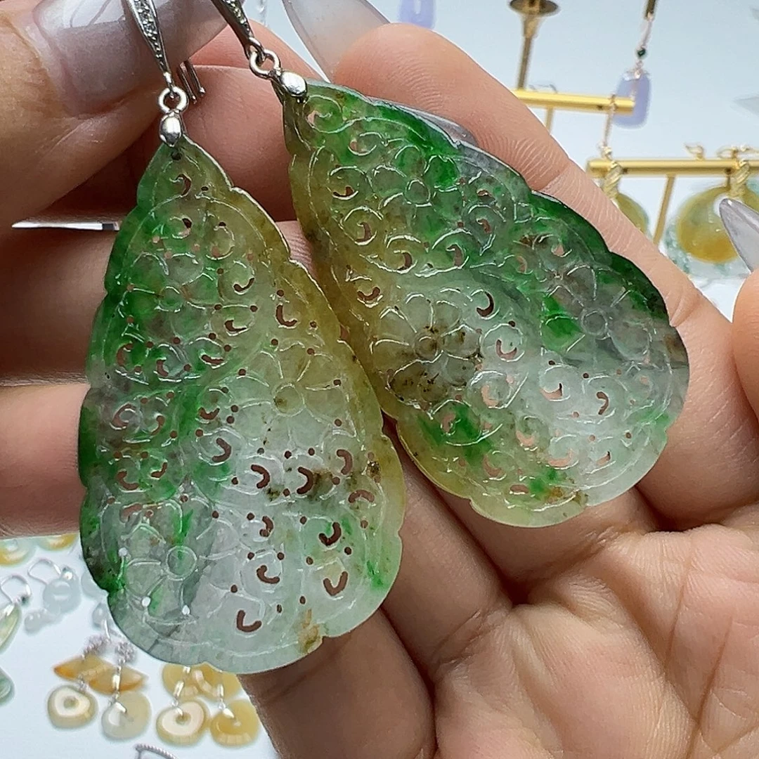 雪***檬翡翠银S925镶嵌耳饰天然缅甸A货翡翠