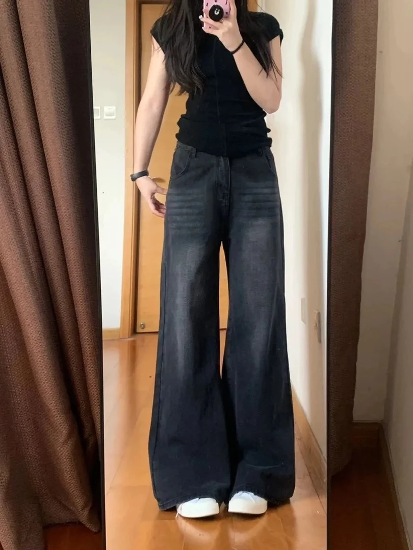 复古黑灰色牛仔裤女高腰显瘦阔腿宽松直筒长裤黑色夏季百搭韩版