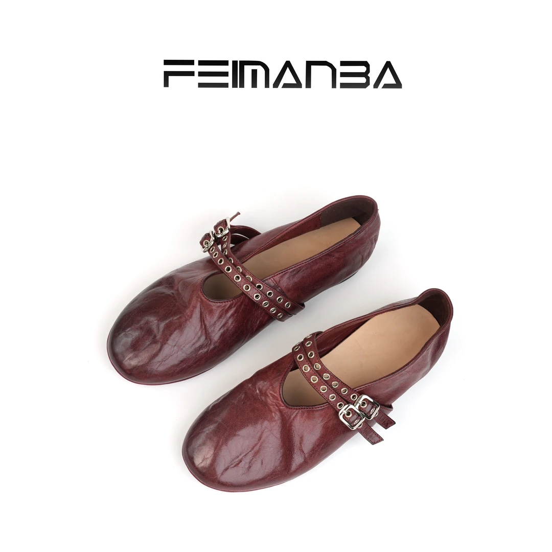 FEIMANBA 双带铆钉扣平底马皮玛丽珍单鞋