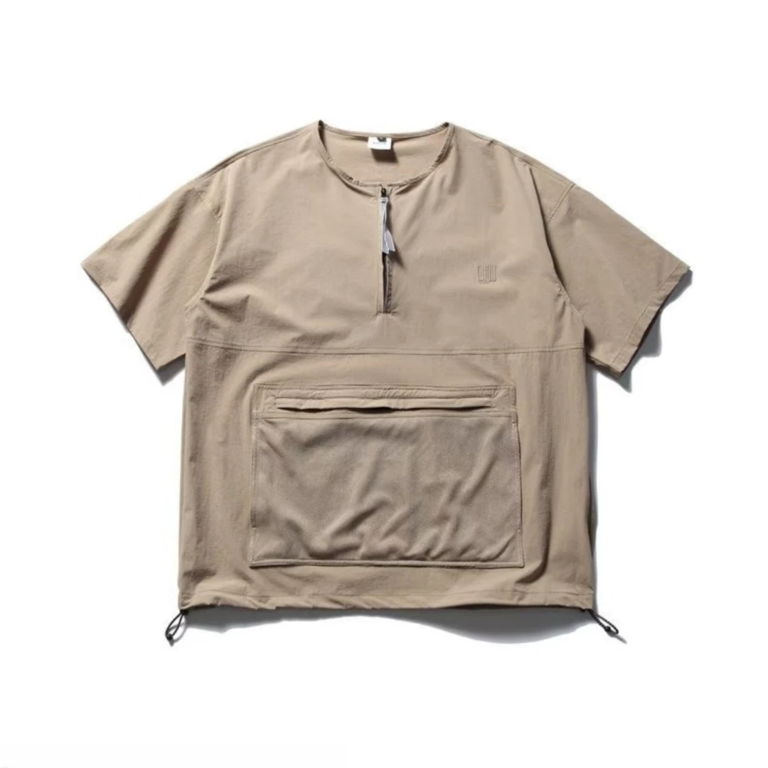 潮牌日系工装圆领半拉链短袖T恤宽松文艺风休闲舒适T恤