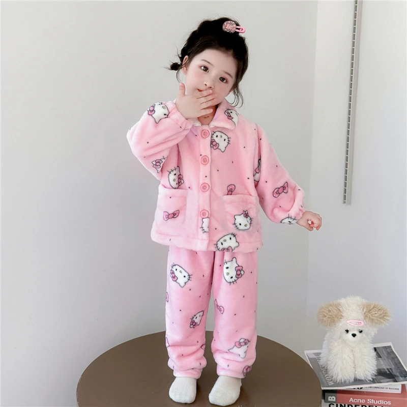 女童法兰绒睡衣秋冬加厚2025新款女宝宝珊瑚绒家居服儿童冬季套装