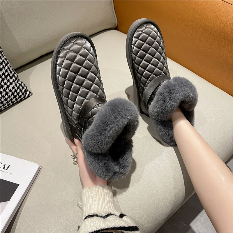 优雅格纹毛毛领保暖雪地靴5586