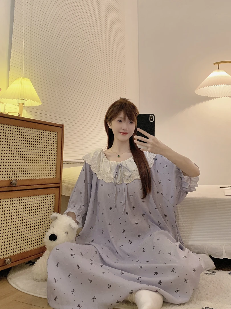 带胸垫280斤大码宽松短袖宽松中长款睡裙女甜美家居裙外穿