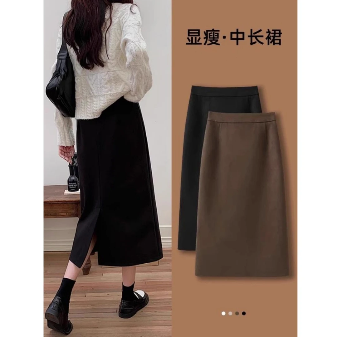 2025年新款毛呢半身裙女秋冬加厚A字半身裙后松紧腰开叉裙