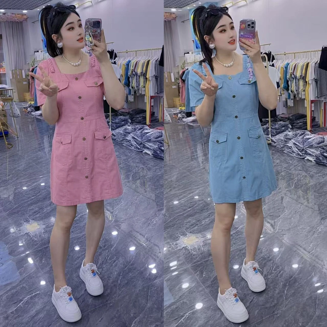 2025夏季新款【彩韵甜裳】单排扣法式茶歇方领口袋牛仔连衣裙96951