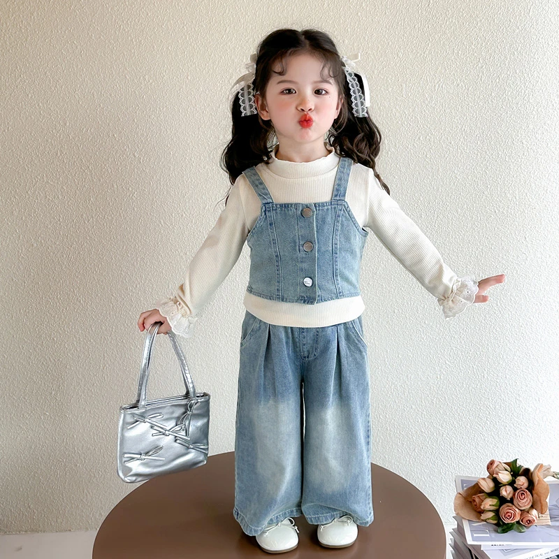 女童秋季套装2025新款时尚洋气儿童女宝宝韩系牛仔马甲裤子三件套