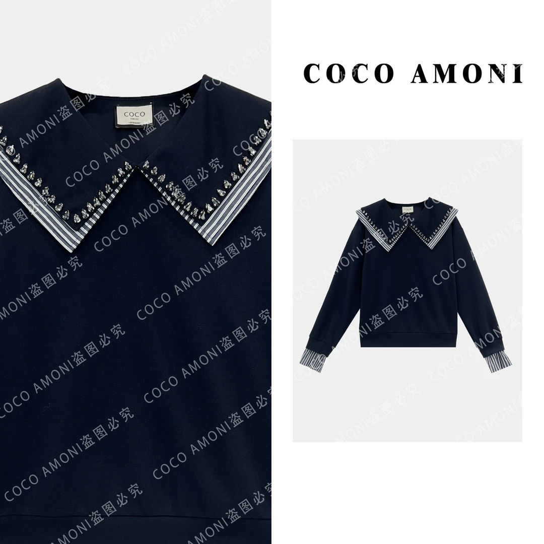 新款学院风休闲假两件拼接烫钻不规则圆领气质减龄长袖卫衣ZQ550