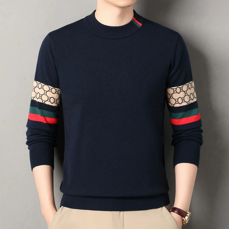 2025冬季新款男士潮流青年半高领加厚时尚保暖圆领休闲毛衣打底衫