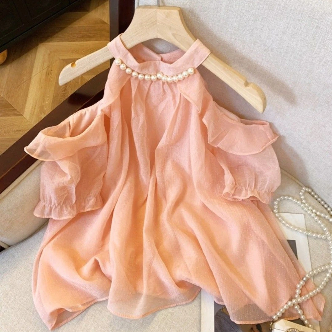 甜美珍珠挂脖短袖衬衫女夏季款宽松遮肚子雪纺娃娃衫微透露肩上衣