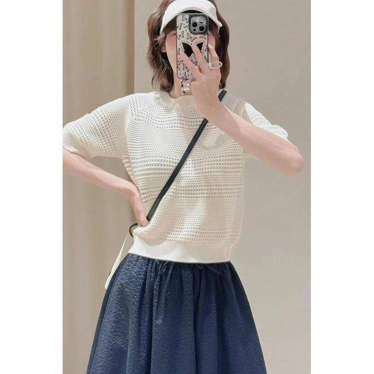 原厂孤品特价清！拍完则无！小禾 环保棉镂空套头针织短袖C216