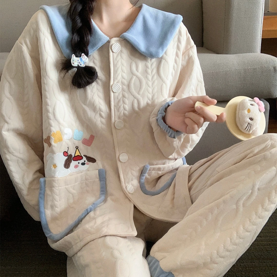 秋冬季睡衣女士夹层2025新款长袖大码保暖帽子狗套装家居服