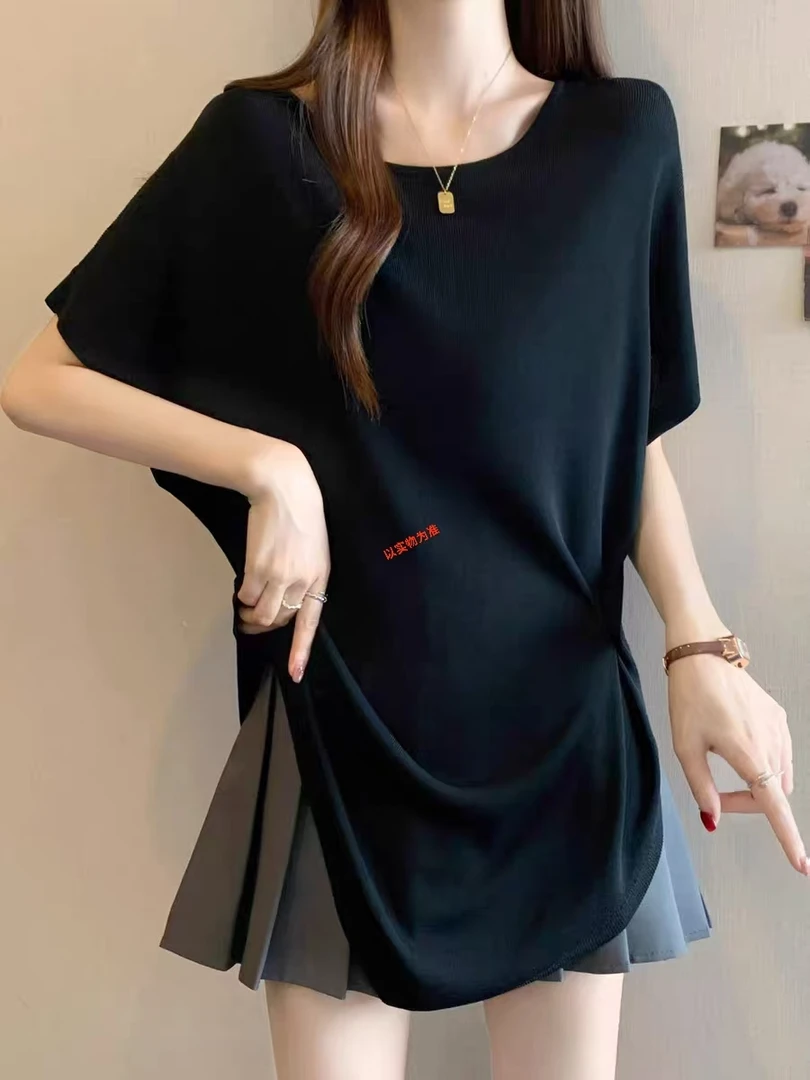 显瘦气质圆领简约不规则纯色设计感纽扣针织上衣7072#