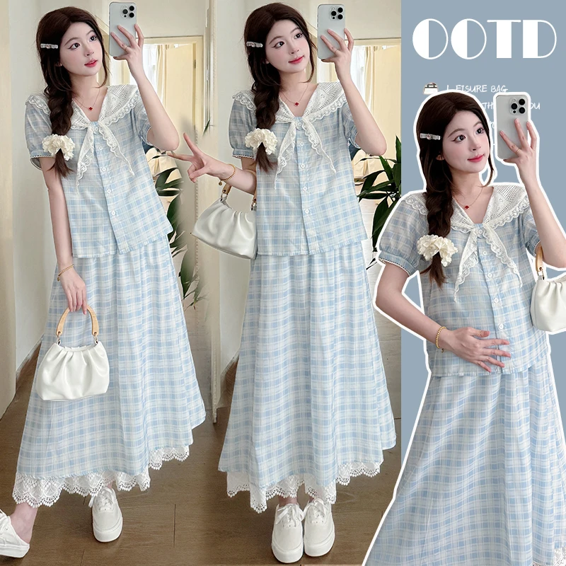 孕妇连衣裙2025夏季学院风格子气质收腰海军领蕾丝花边法式套装潮