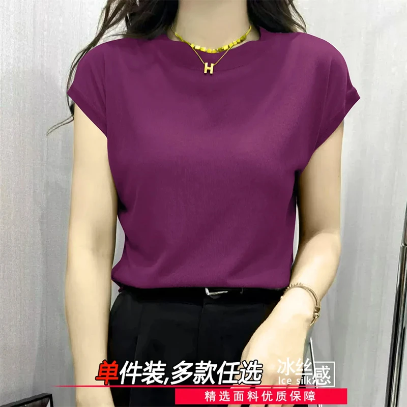 2025年春夏季百搭时尚圆领新款T恤小飞袖t恤设计感女纯色冰丝上衣