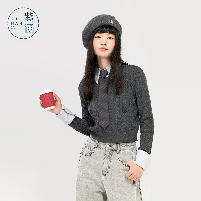 紫涵短款假两件衬衫领针织衫领带毛衣Z4Z10JS695